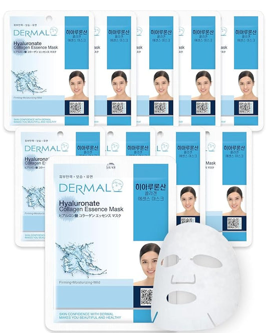 DERMAL Hyaluronate Collagen Essence Facial Mask Sheet 23g Pack of 10 - Hydro Boost Moisturizing for Dry Skin, Smoothing Fine Lines Wrinkles, Daily Skin Treatment Solution Sheet Mask