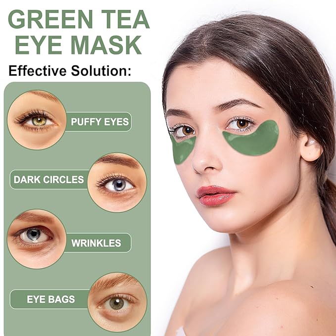 Eye Mask - 30 Pairs Green Tea Eye Patches Skin Care Products for Dark Circles and Puffiness, Reduce Wrinkles and Fine Lines, Eye Patches for Women and Man,with Hair Clips