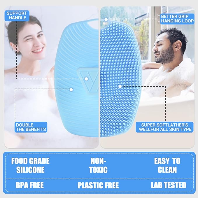 Silicone Body Scrubber - Anti Zinc Infused-Highly Elastic Bristles Exfoliating Body Scrubber for Shower Body,Cellulite Reduction,Blood Circulation - Azure