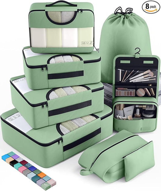Veken 8 Set Packing Cubes for Travel Essentials, Suitcase Organizer Bags in 4 Sizes, Carry-On Luggage Accessories with Large Laundry & Hanging Toiletry Bag, Must-Have for Airplane, Road Trip & Camping