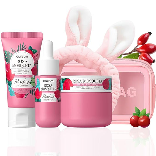 Rosehip Skin Care Set, Beauty Skincare Gift Sets, Natural Facial Skin Care Products, Korean Style Skincare for Women, Nourishing, Hydration, Glow Up, 3PCS