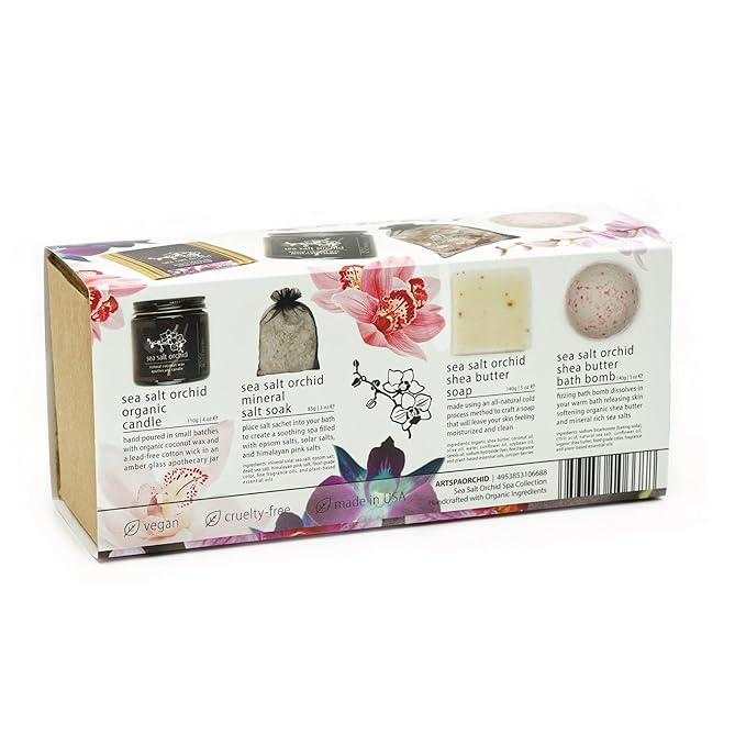 Hemlock Park Sea Salt Orchid Artisanal Spa Gift Box | Apothecary Candle, Shea Butter Soap, Bath Bomb, Mineral Salt Bath Soak | Handcrafted with Plant Based Ingredients