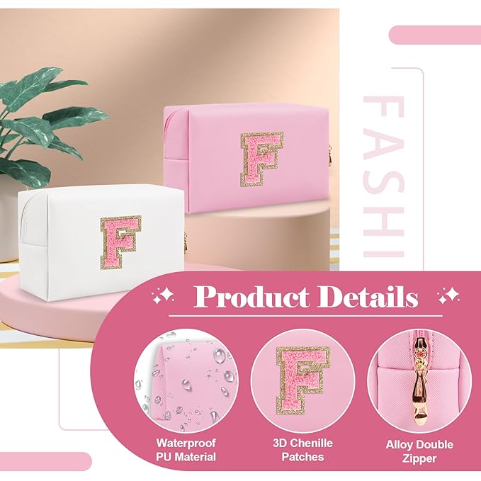 Personalized Initial A-Z Preppy Patch Makeup Bag,Small PU Leather Chenille Letter Cosmetic Bag with Zipper for Teen Girls,Pink Cute Travel Toiletry Bag,Birthday Monogrammed Gift for Daughter,Letter F