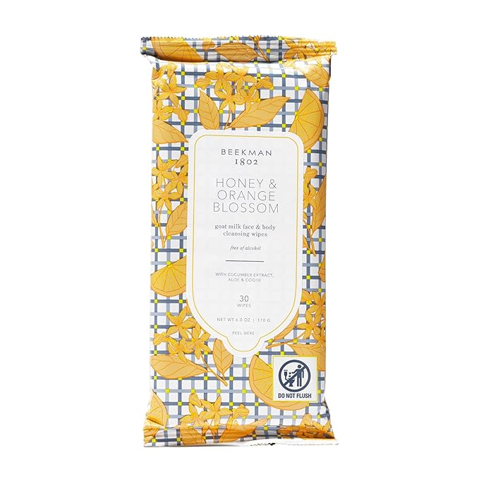 Beekman 1802 Face & Body Wipes, Honey & Orange Blossom - Scented - 30 Count - Cleanses - With Goat Milk, Aloe & Vitamin E - Alcohol Free, Biodegradable - Good for Sensitive Skin - Cruelty Free