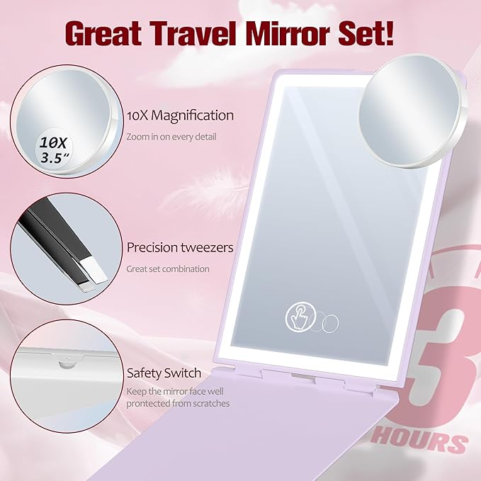 Travel Makeup Mirror with Lights, Rechargeable Portable Folding Compact Mirror with Tweezer, Lighted Makeup Mirror with 72 LED 3 Color Light Modes, Dimmable Touch Screen LED Mirrors-Purple
