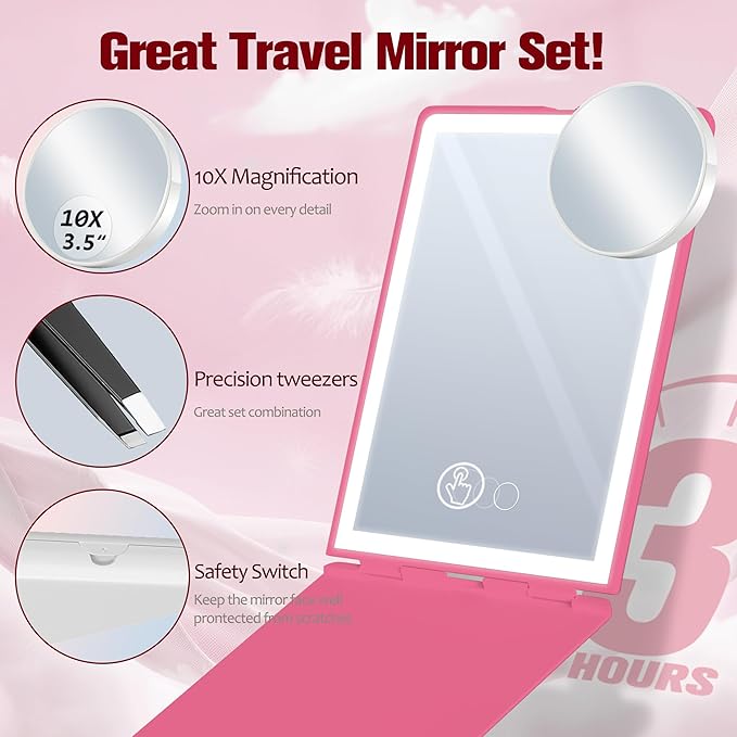 Travel Makeup Mirror with Light, Rechargeable Portable Folding Compact Mirror Set with Tweezer, Lighted Makeup Mirrors with 72 LED 3 Color Light Modes, Dimmable Touch Screen LED Mirrors-Rosy
