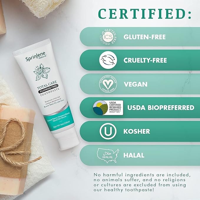 SprinJene Natural Total Care Fluoride Free Toothpaste – Patented Formula with Black Seed Oil & Zinc – Dry Mouth Toothpaste for Fresh Breath & Strong Teeth – Made in The USA (4 Pack)