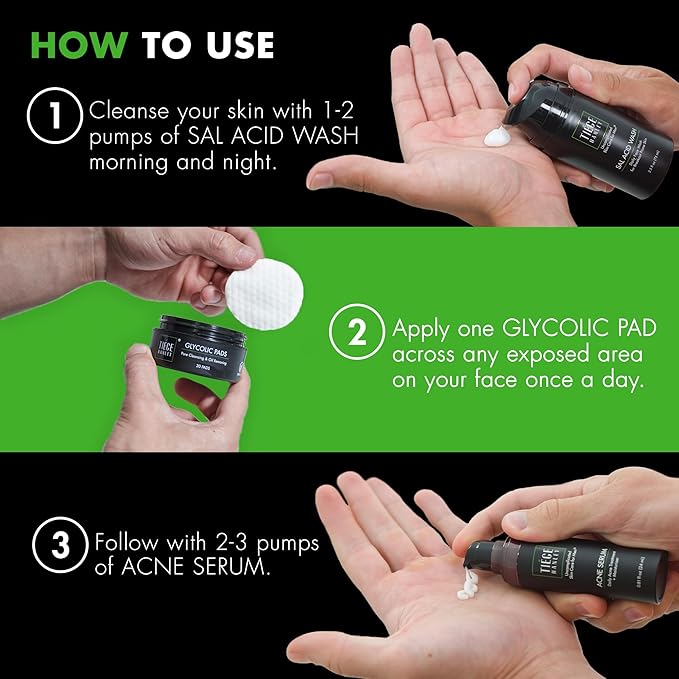 Tiege Hanley Men's Acne Treatment System (Level 1), TiegeClear Acne Essentials Routine for Smooth & Hydrated Skin - Includes Sal Acid Wash, Glycolic Acid Pads, and Acne Serum - All Skin Types