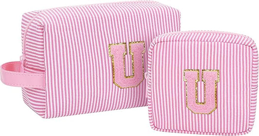 MONSTINA Period Bag Sanitary Napkin Storage Bag|Tampon Pouch Portable Feminine Care First Period Kit for Teen Girls Women Gift for Her Monogram Initial Cute Toiletry Bag,2PCS,Pink U