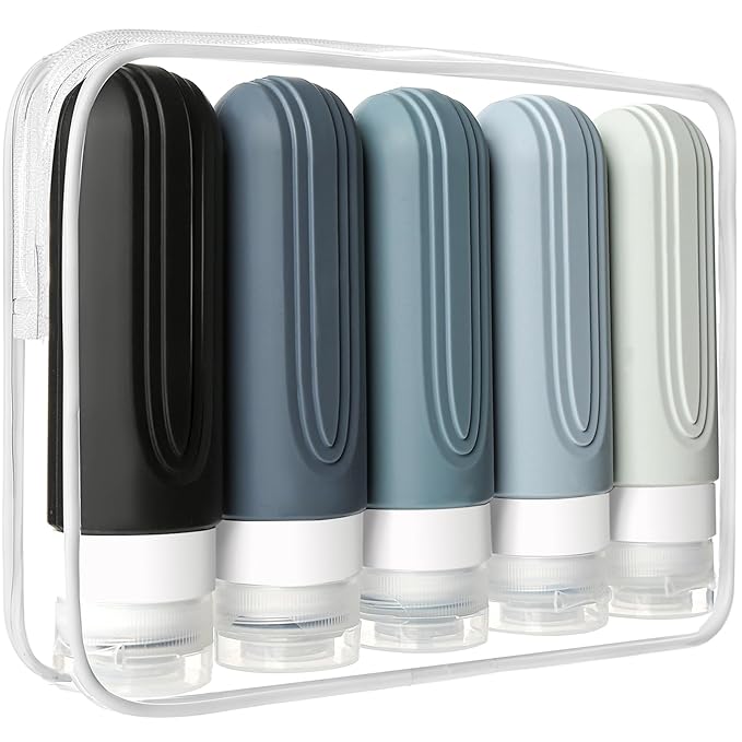 Travel Bottles for Toiletries, 5 Pack TSA Approved Travel Size Containers, 3oz Leak Proof Refillable Travel Accessories for Shampoo Conditioner, BPA Free Travel Bottles with Toiletry Bag