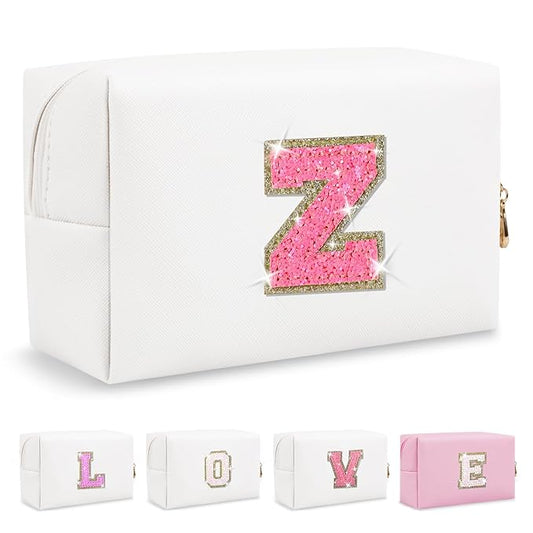 Small Personalized Initial A-Z Patch Makeup Bag,White Cute PU Leather Glitter Letter Cosmetic Bag for Teen Girls,Travel Toiletry Bag with Zipper,Preppy Monogrammed Birthday Gift for Daughter Niece Z