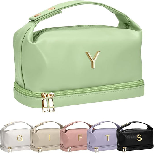 Teenage Girls Gifts Ideas, Personalized Makeup Bag with Handle, Initial Double Layer Cosmetic Bag with Makeup Brush Organizer, Cute Cosmetic Pouch for Women, Gifts for Friends Female Mom