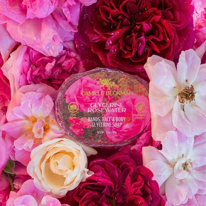 Camille Beckman Essentials Gift Basket - Rosewater Glycerine Hand Therapy 6 oz, Silky Body Cream 13 oz, Hand & Shower Cleansing Gel 13 oz, Glycerine Soap 3.5 oz