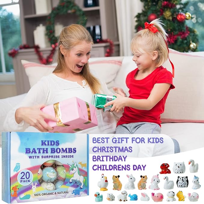Bath Bomb Gift Set with Toys Inside, 20 Pack Organic Bath Bombs for Kids, Kids Safe Handmade Fizzy Balls for Kid, Ideal Birthday Gift for Boys & Girls