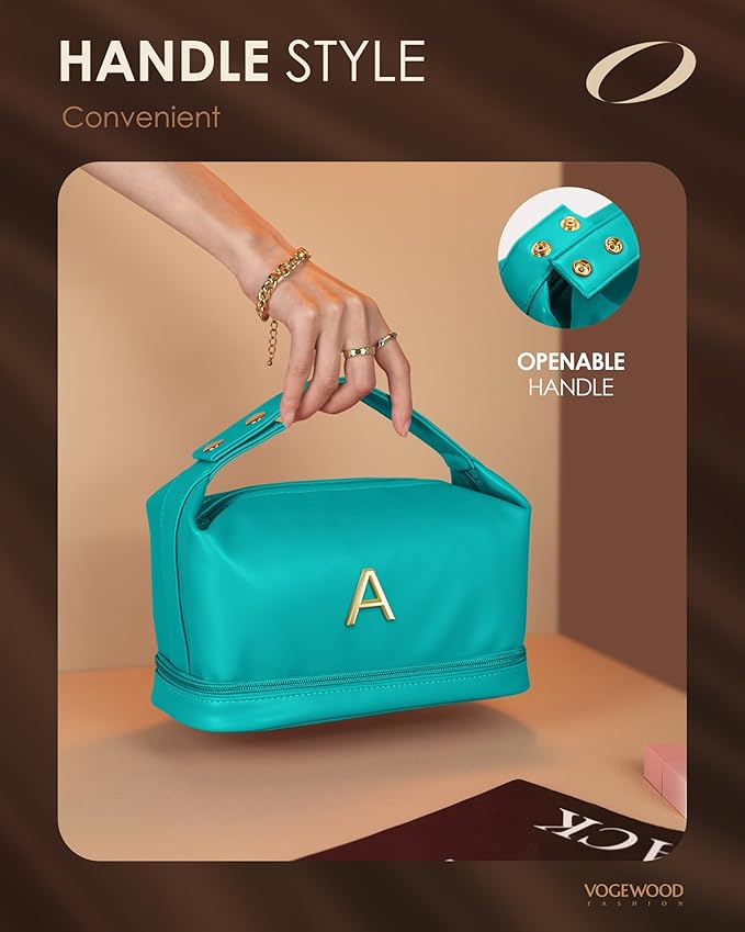 Women Gift Ideas for Her, Personalized Makeup Bag with Handle, Initial Double Layer Cosmetic Bag with Makeup Brush Organizer, Cute Cosmetic Pouch for Women, Gift for Friends Female Mom