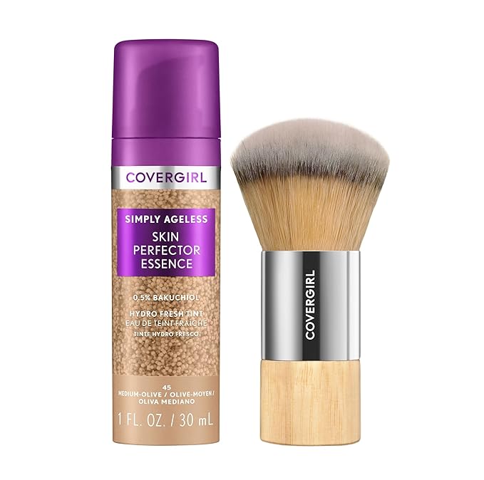 CoverGirl Simply Ageless 45 Medium-Olive Liquid Foundation Bundle with Blending Brush, Skincare Makeup with Bakuchiol & Acid