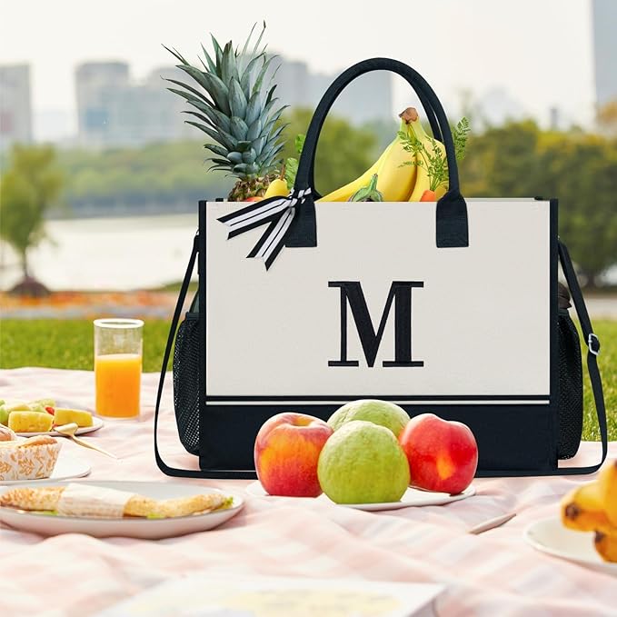 TOPDesign Personalized Initial Canvas Tote Bag, for Wedding, Birthday, Beach, Perfect Gifts for Women, Mom, Teachers, Friends