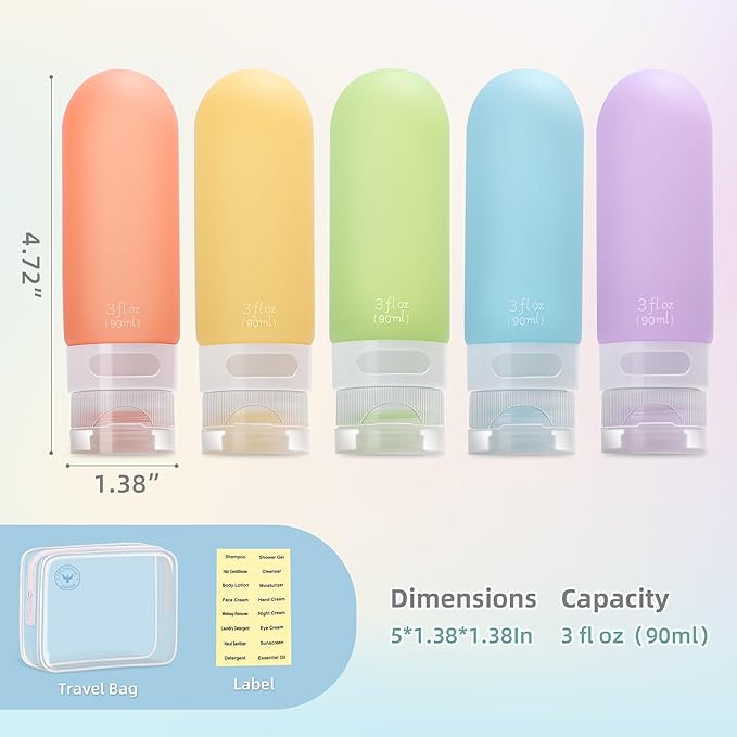 Travel Bottles for Toiletries,3oz Leak Proof Squeezable Travel Size Containers, 5 Pack TSA Approved Travel Essentials for Shampoo Conditioner,Silicone,White Pack