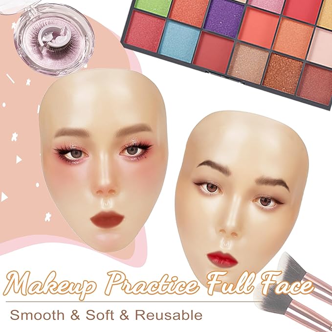 Silicone Makeup Practice Board - Full Face Mannequin with Makeup Kit, Face Gems, Brushes - Perfect for Beginners & Professionals