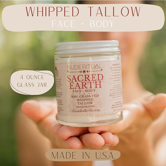 100% Grass-Fed Whipped Tallow Balm for Skin Care – Face + Body – Natural Moisturizer Lotion, 4 oz (Sacred Earth)