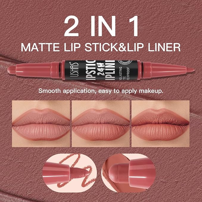 USHAS 3Pcs Lipstick and Lip Liner Combo Set 2 in 1 Makeup Kits Long Lasting and Waterproof Nude Matte Lipstick For Women (Set 1 (07+08+09), 3Pcs)