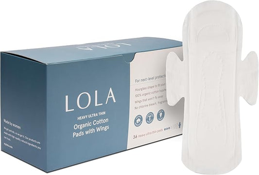 LOLA Organic Cotton Pads, 36 Count - Ultra Thin Pad with Wings, Cotton Organic Pads for Women, HSA FSA Approved Products Feminine Care, Heavy