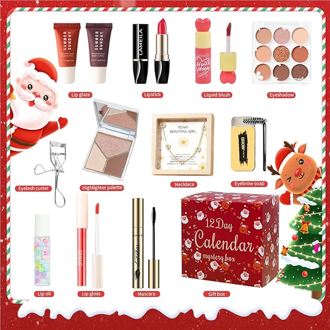 Makeup Advent Calendar 2025, Makeup Kits Mystery Boxes For Christmas Tree Decors, 12 Days Christmas Advent Calendars Gifts for Girls, Xmas Gift Makeup Set For Teens Girls Includ Eyeshadows Lipstick