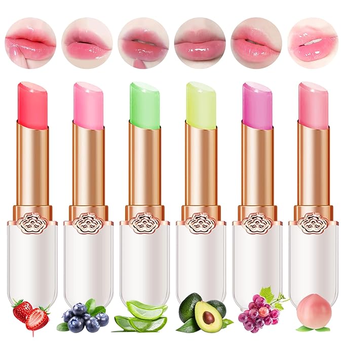 6 Pcs Jelly Lipstick Set, Peach Aloe Vera Strawberry Blueberry Avocado Grape Jelly Lipstick Temperature Change Moisturizer Long Lasting Lip Stick Nutritious Lip Balm Magic Color Change Lip Gloss