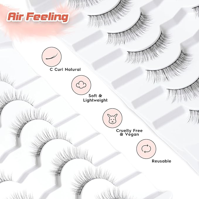 Natural Lashes Eyelashes Wispy 10MM Short Lashes Thin Band Strip Lashes 3D Volume Lashes False Eyelashes C Curl Soft Lash Pack 7 Pair Siligli