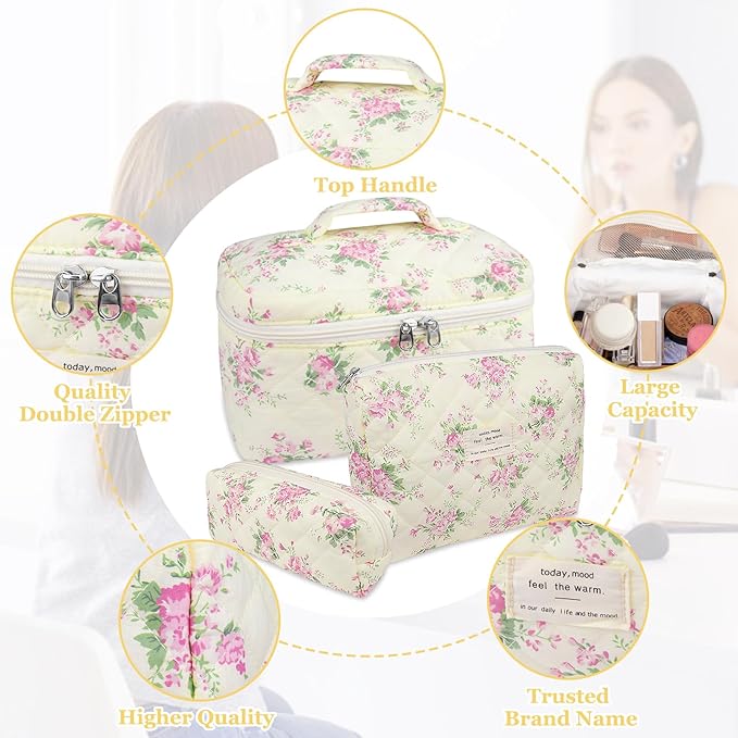 Makeup Bag Set, Quilted Makeup Bag, Large Floral Cosmetic Bag for Women, Cute Cotton Makeup Bags, Flower Travel Toiletry Organizer Bag (Pink Floer)