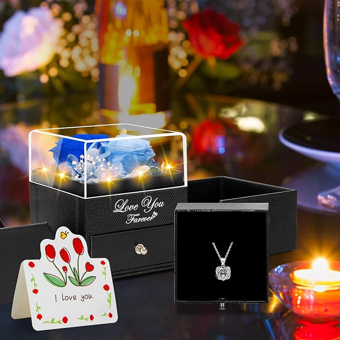 2 Preserved Real Rose with Heart I Love You Necklace- Eternal Rose Birthday Gifts for Women Wife Girlfriend Her Mom on Festivals Gifts Christmas Valentines Mothers Day Anniversary-2 Colour Blue