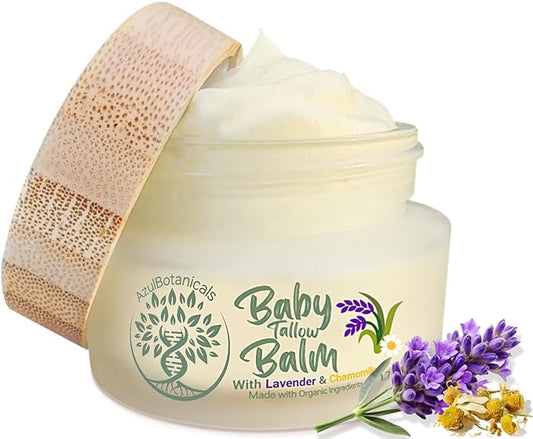Baby Tallow Balm with Lavender Leaf and Chamomile Extract, Whipped Grass fed/finished Tallow, with Organic Ingredients for Delicate Skin (1.7 oz)