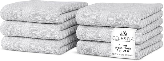 100% Cotton Wash Cloth for face & Body Set of 6, (12 x 12 inches) Sustainable, Soft, Highly Absorbent, Combed Cotton Wash Cloths Pack of 6 for Hotels, Spa, Bathroom, Dorm, Silver