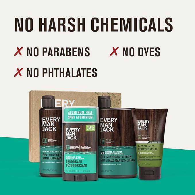 Every Man Jack Men’s Sea Minerals + Citron Bath and Body Gift Set - Clean Ingredients & Sea Minerals and Citron scent - Round Out His Routine with Body Wash, 2-in-1 Shampoo, Deodorant & Face Wash