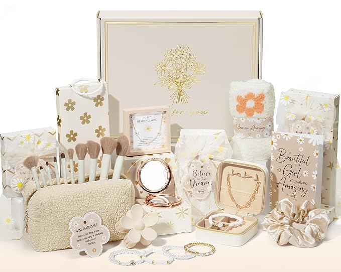 Birthday Gifts for Tween Teen Girls - 8 PCS Gifts Basket Teen Girl Gifts Trendy Stuff Girls Fun Empower Gift Box w/Task Tags Make up Brushes Makeup Bag, Graduation Gifts Idea for Her Niece Daughter