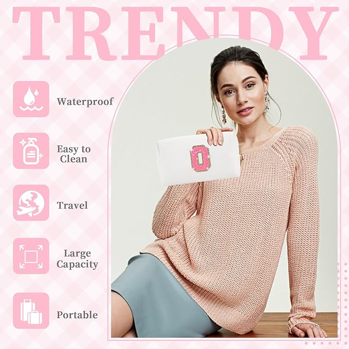 Small Personalized Initial A-Z Patch Makeup Bag,White Cute PU Leather Glitter Letter Cosmetic Bag for Teen Girls,Travel Toiletry Bag with Zipper,Preppy Monogrammed Birthday Gift for Daughter Niece O