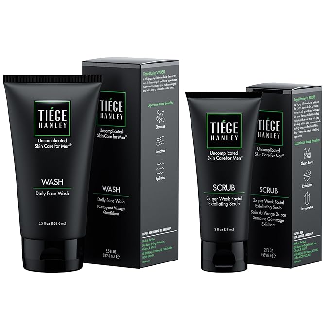 Tiege Hanley Face Wash & Exfoliating Scrub Bundle for Men, Gentle Fragrance-Free Cleanser & Cooling Face Exfoliant, Deep Cleansing & Hydrating, Gentle on Sensitive Skin, Men’s Skin Care, 2 Piece Set