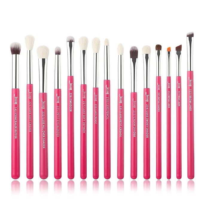 Jessup Professional Natural-Synthetic Eye Makeup Brushes Set 15pcs for Eyeshadow Blending Concealer Eyeliner Eyebrow, Rose Carmine/Silver T197