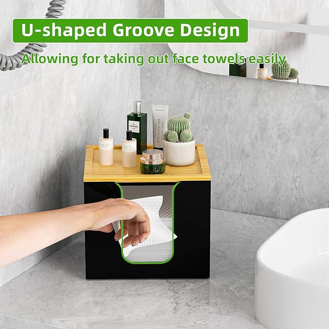 VITVITI Disposable Face Towel Holder Box, Acrylic Facial Towel Container for XL Clean Skin Club, Large Disposable Face Towels Storage with Bamboo Lid, for Bathroom, Vanity Makeup, Black