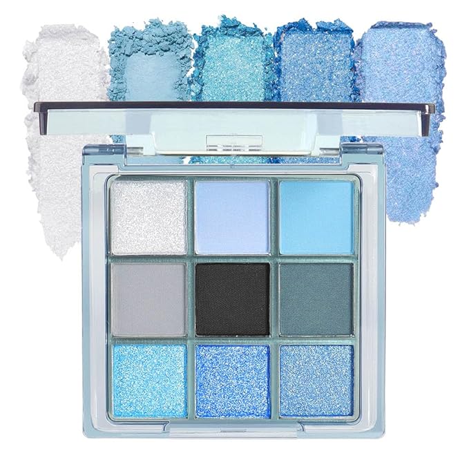 Light Blue Eyeshadow Palette, Matte & Shimmer Glitter Blue Shadow for Eye Makeup, High Pigmented White Gray Black Green Powder Palet de sombras de ojos, Cruelty Free