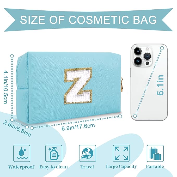 Small Personalized Initial A-Z Preppy Patch Makeup Bag,PU Chenille Letter Travel Cosmetic Pouch with Zipper,Blue Cute Toiletry Bag,Gift Ideal for Teen Girls Women Teacher Bridesmaid,Letter Z
