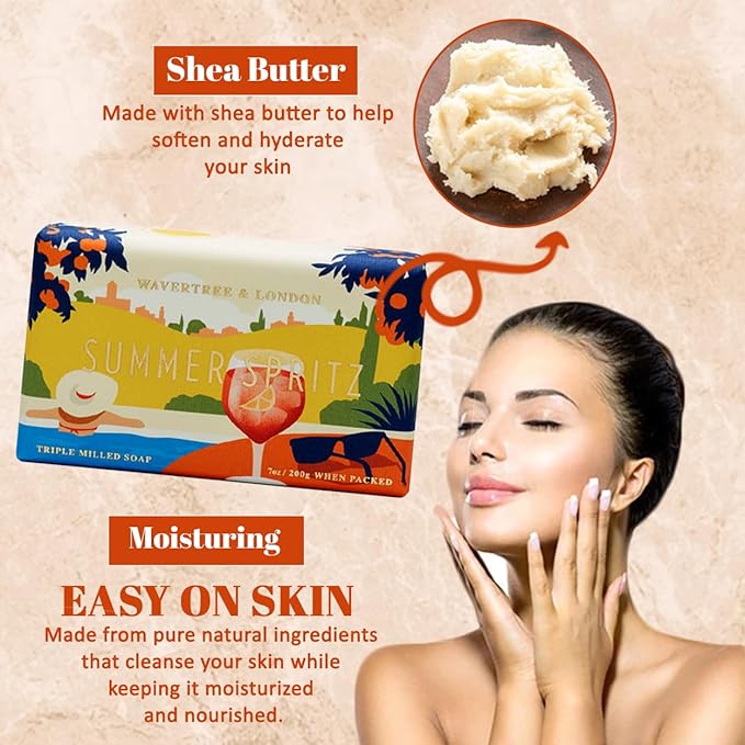 Wavertree & London Summer Spritz Scented Natural Soap (2 Bars), 7oz Moisturizing French Triple Milled Soap Bars enriched with shea butter - Pure Plant Based Bath & Body Bars for All Skin Types