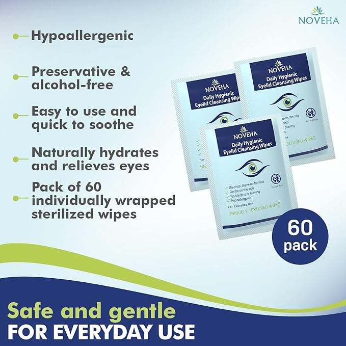 NOVEHA 60PCs Daily Hygienic Eyelid & Lash Wipes | For Blepharitis & Itchy Eyes, Demodex | Individually Wrapped Refreshening Eyelid Wipes, Natural Makeup Remover & Calming Moisturizer
