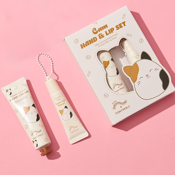TONYMOLY x Squishmallows Cam the Cat 2-Piece Set – Coconut Milk Hand Cream & Frosted Milk Lip Gloss – Cute Korean Skincare & Beauty Gift for Women & Teens