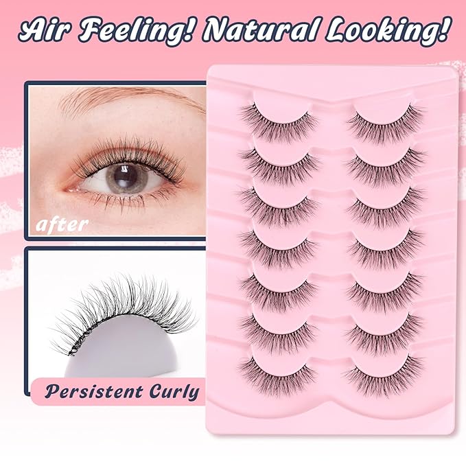 Natural Lashes Eyelashes Wispy 12mm False Lashes 3D Volume Lash Strips False Eyelashes with 0.1MM Thin Cotton Band C Curl Eyelash Pack Siligli 7 Pair