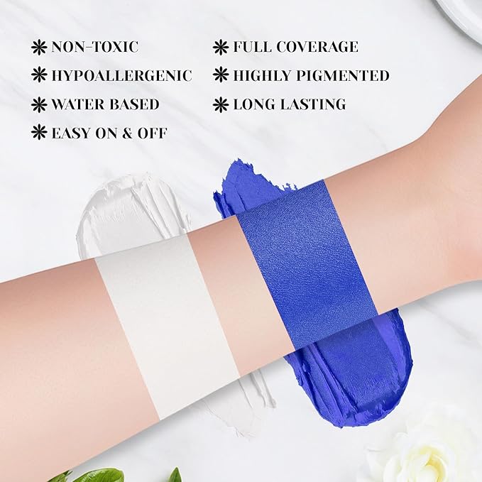 White Blue Face Body Paint Stick Set with Translucent Setting Powder and Sponges, Professional Full Coverage Face Painting for Adults Halloween Cosplay SFX Avatar Corpse Bride Skull Makeup