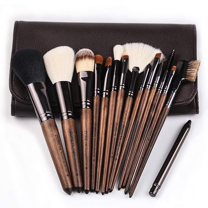 Makeup Brush Set, 15pcs Unique Walnut Makeup Brushes with Vegan Leather Bag, Professional No Shed Tan Makeup Brushes