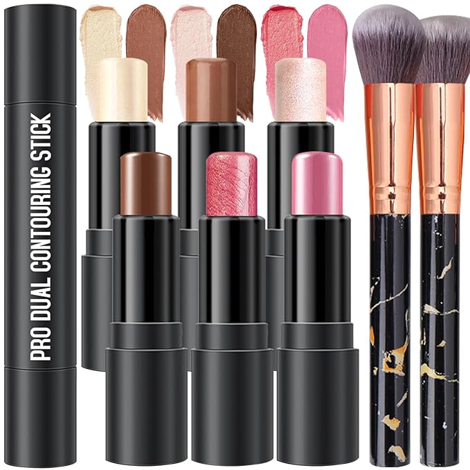 6 Colors Cream Contour Stick Makeup Kit, Shades with Highlighter Stick, Blush Stick and Bronzer Stick for Sculpt the Cheeks, Double-End Bronzer Stick, Waterproof,Dewy & Matte Finish (SET A)