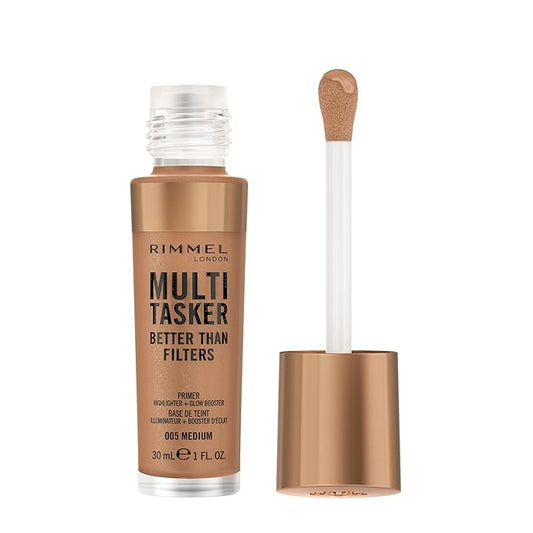 Rimmel Multi-Tasker Better Than Filters, 005 Medium, Face Primer, Glow Booster and Highlighter, Vegan Formula, Anti-Ageing Benefits, Light-Reflecting Pigments, Giant Soft-Touch Wand, 1oz