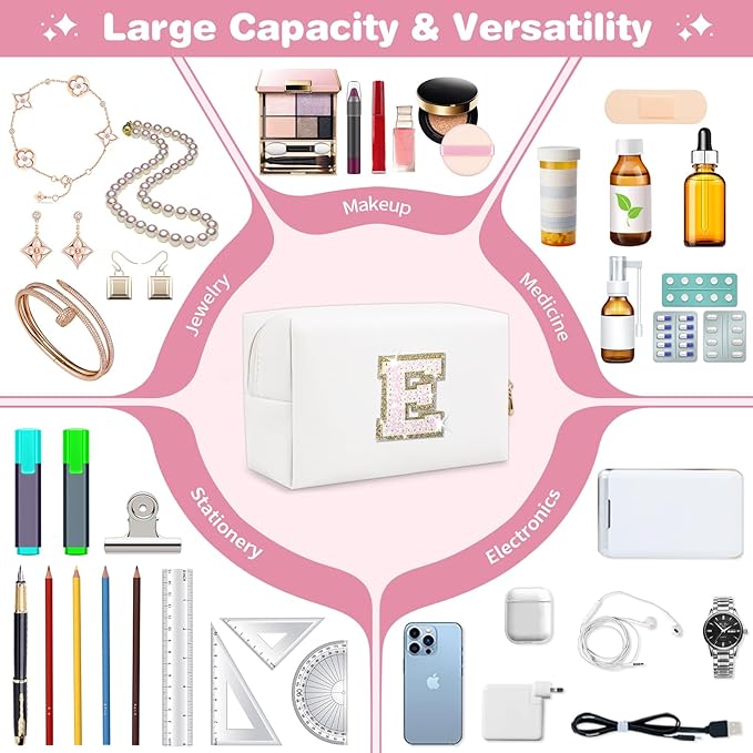 Small Initial Patch Makeup Bag Personalized Gifts Make Up Bag,White Cute PU Leather Glitter Letter Cosmetic Bag with Zipper,Trendy Portable Travel Toiletry Pouch,Preppy Stuff for Teen Girls Women E